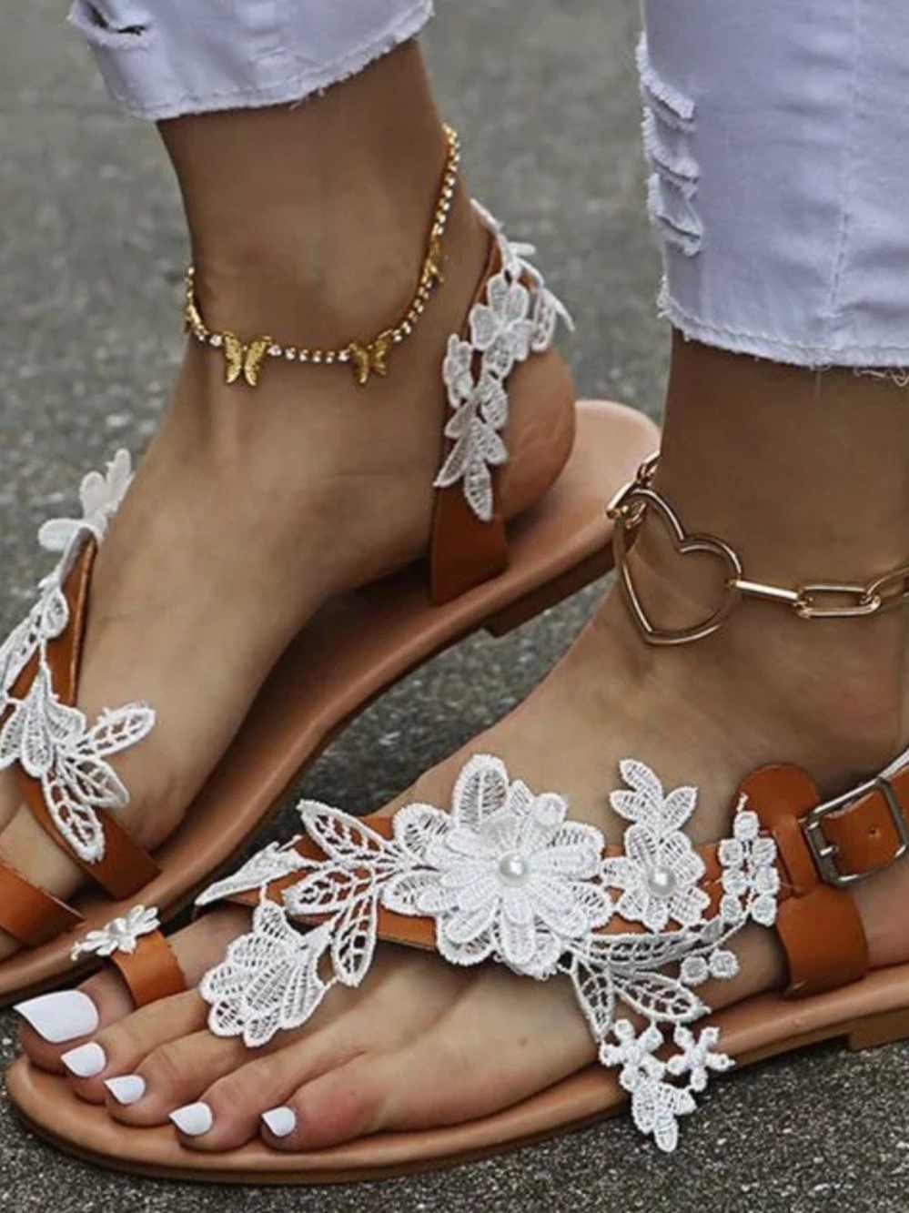 White Lace Floral Embellished Brown Leather Sandals